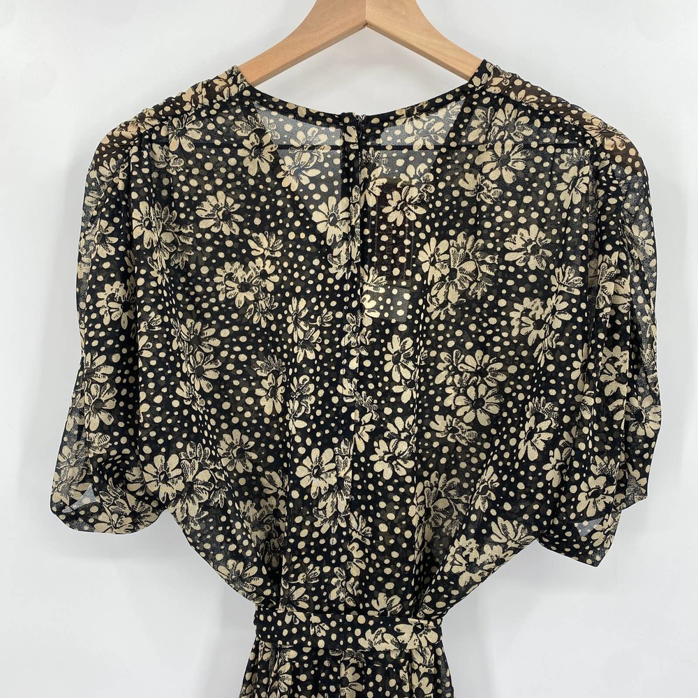 Young Edwardian by Arpeja‎ VTG 70's Sheer Black Cream Floral Dress Size 13/Small